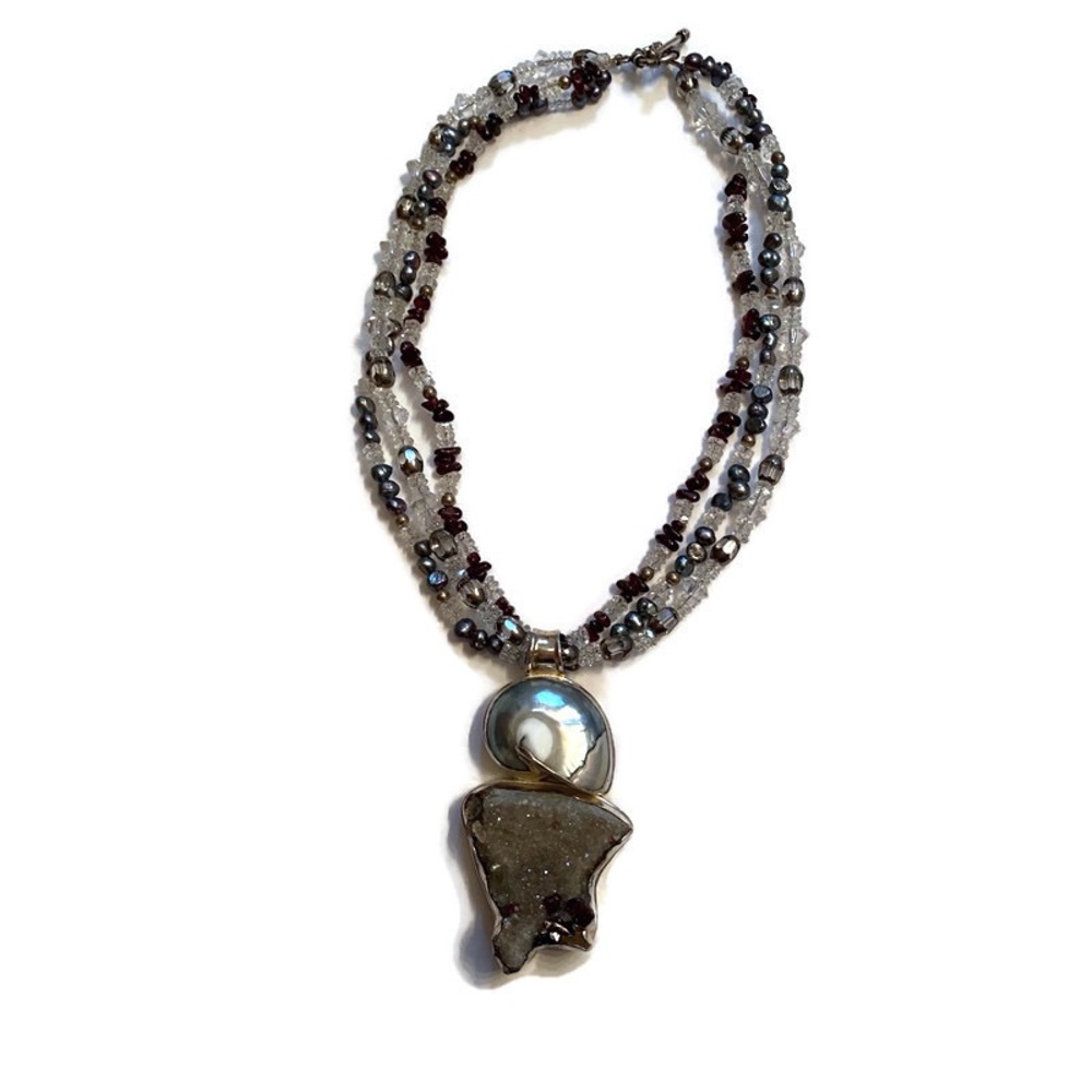 KIT HEATH PENDANT NECKLACE GEODE SHELL 3 STRAND STERLING SILVER 925 SETTING KH